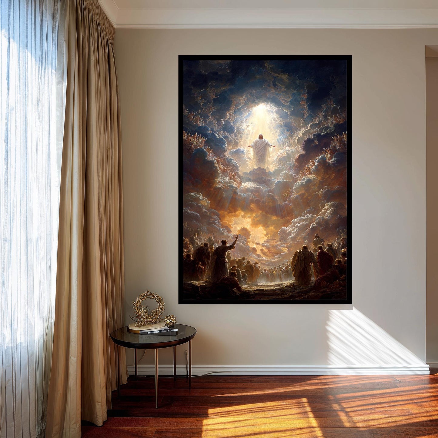 Heavenly Ascension of Jesus Christ Art Print Glorious Religious Wall Decor with Divine Clouds, Light Rays and Worshiping Saints Jesus Art