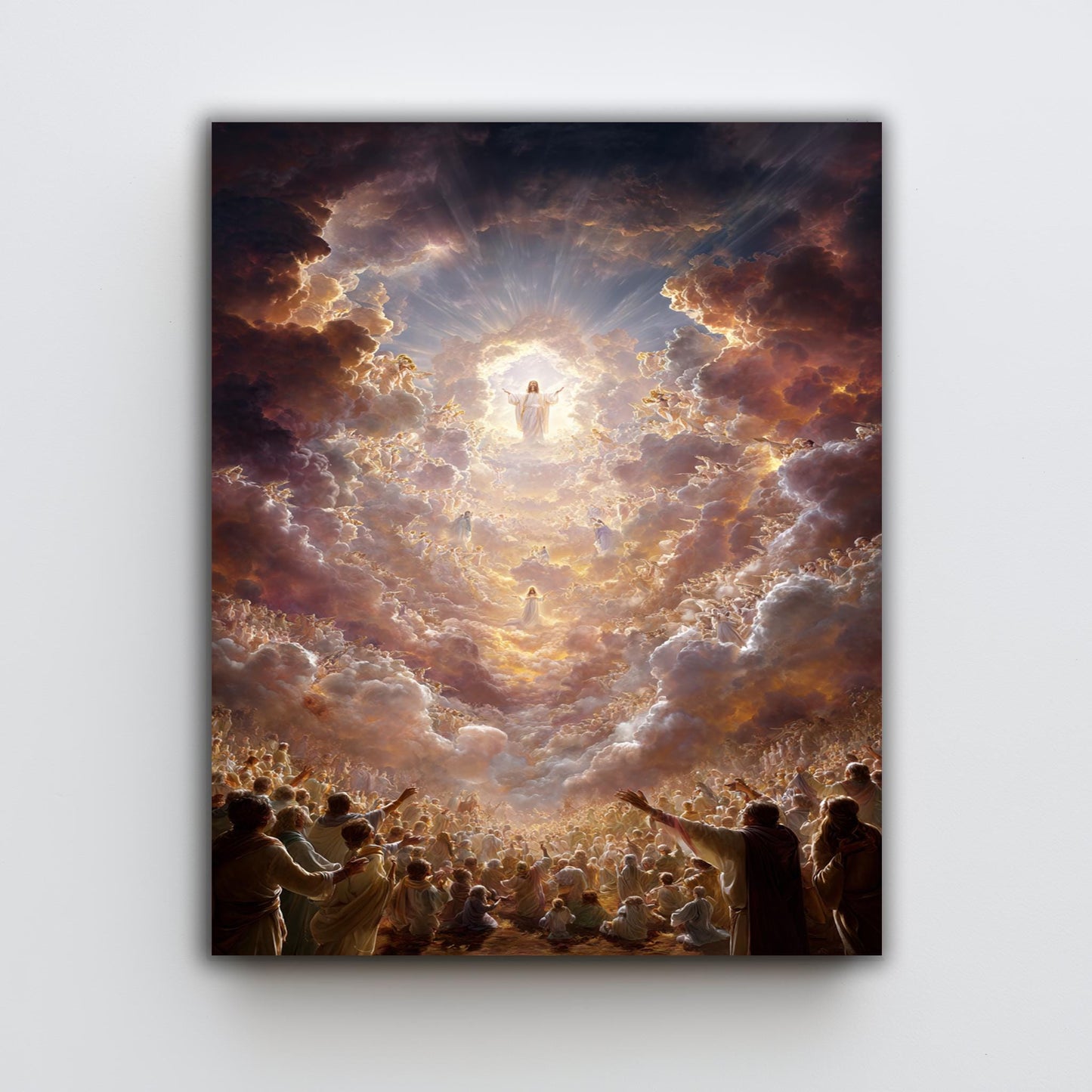 Jesus Christ Ascension Heavenly Glory Canvas Divine Christian Wall Art with Angels, Light Beams, Worshippers and Celestial Skies Jesus Art