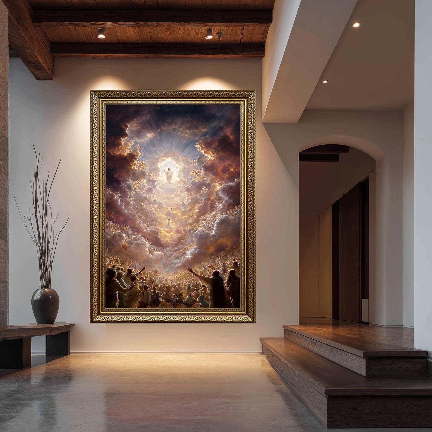 Jesus Christ Ascension Heavenly Glory Canvas Divine Christian Wall Art with Angels, Light Beams, Worshippers and Celestial Skies Jesus Art