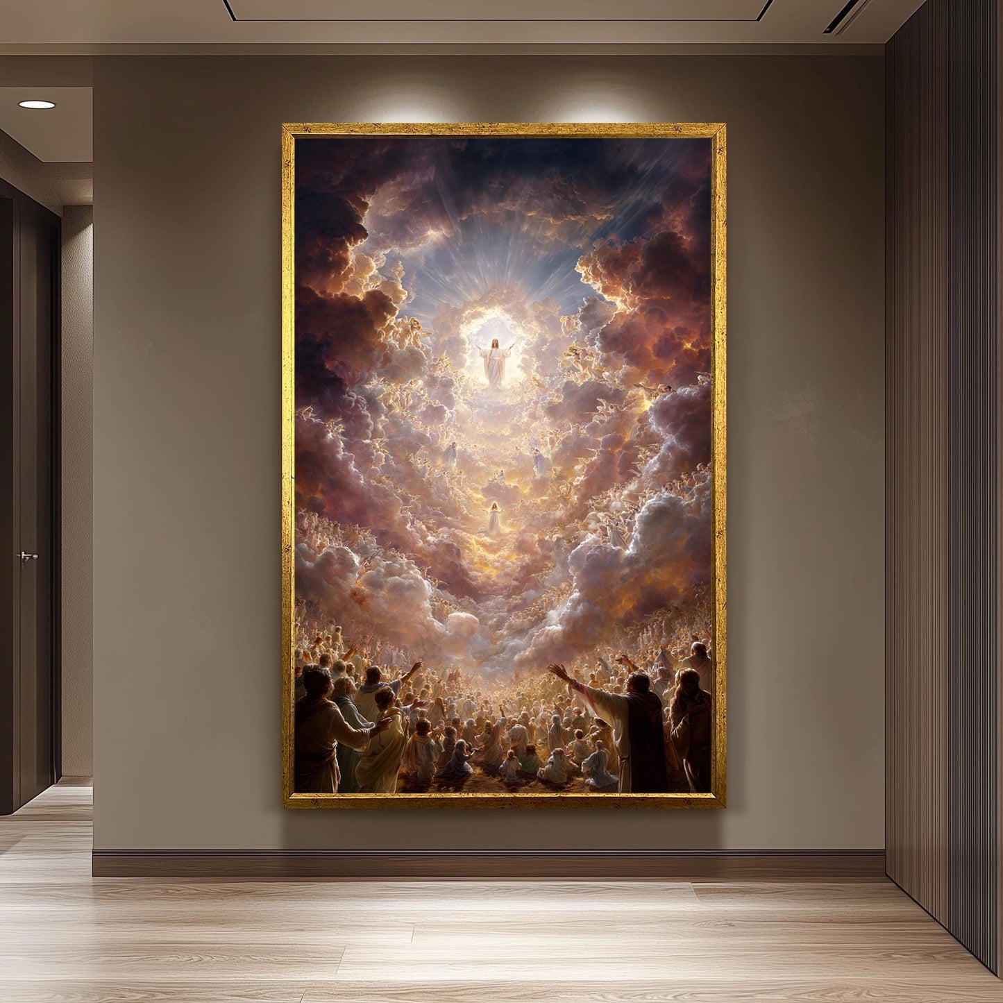 Jesus Christ Ascension Heavenly Glory Canvas Divine Christian Wall Art with Angels, Light Beams, Worshippers and Celestial Skies Jesus Art