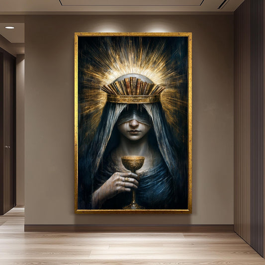 Surreal Gothic Woman Portrait, Dark Fantasy Wall Art, Book Crown Print, Occult Aesthetic Decor, Holy Grail Painting, Vintage Women Art