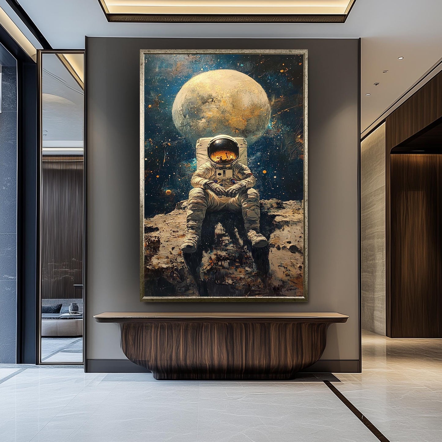 Astronaut on the Moon Wall Art, Surreal Space Painting, Cosmic Sci-Fi Print, , Futuristic Space Decor, Surreal Astronaut Poster