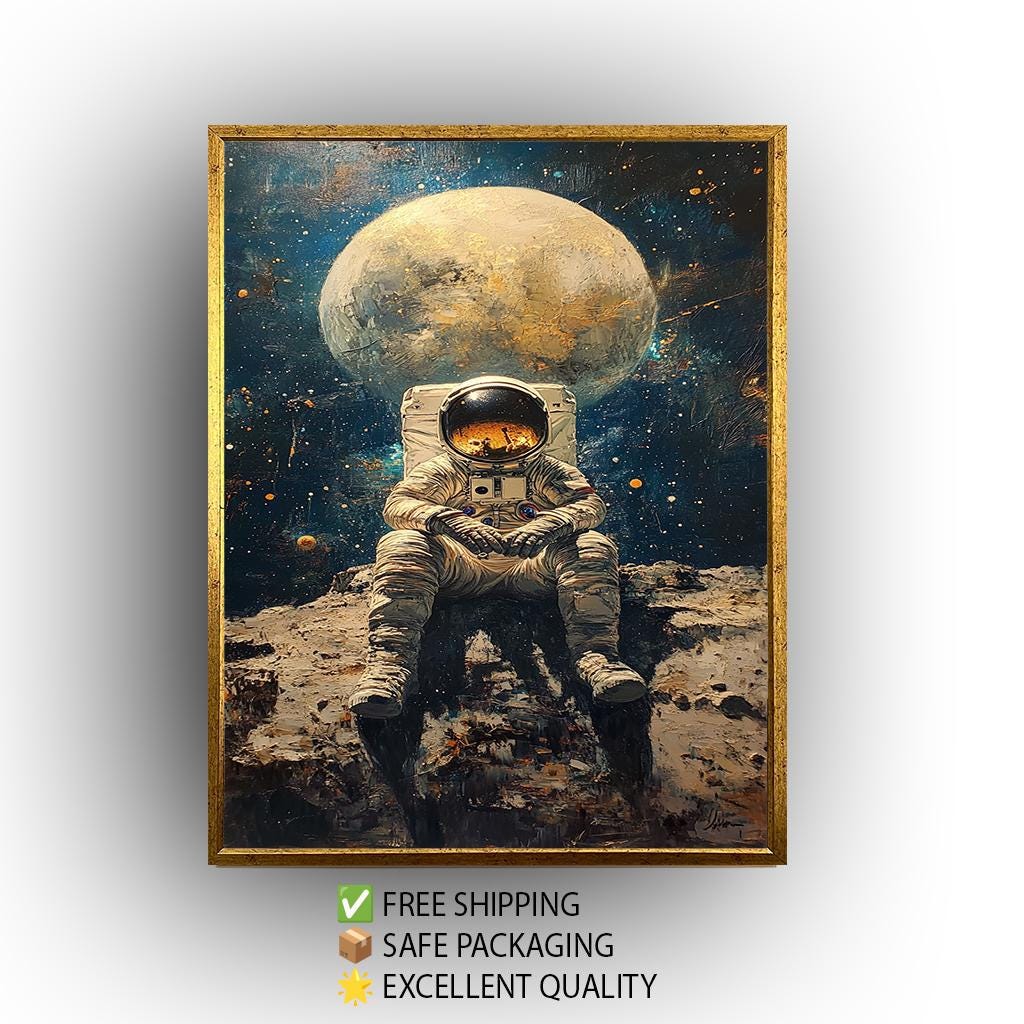 Astronaut on the Moon Wall Art, Surreal Space Painting, Cosmic Sci-Fi Print, , Futuristic Space Decor, Surreal Astronaut Poster