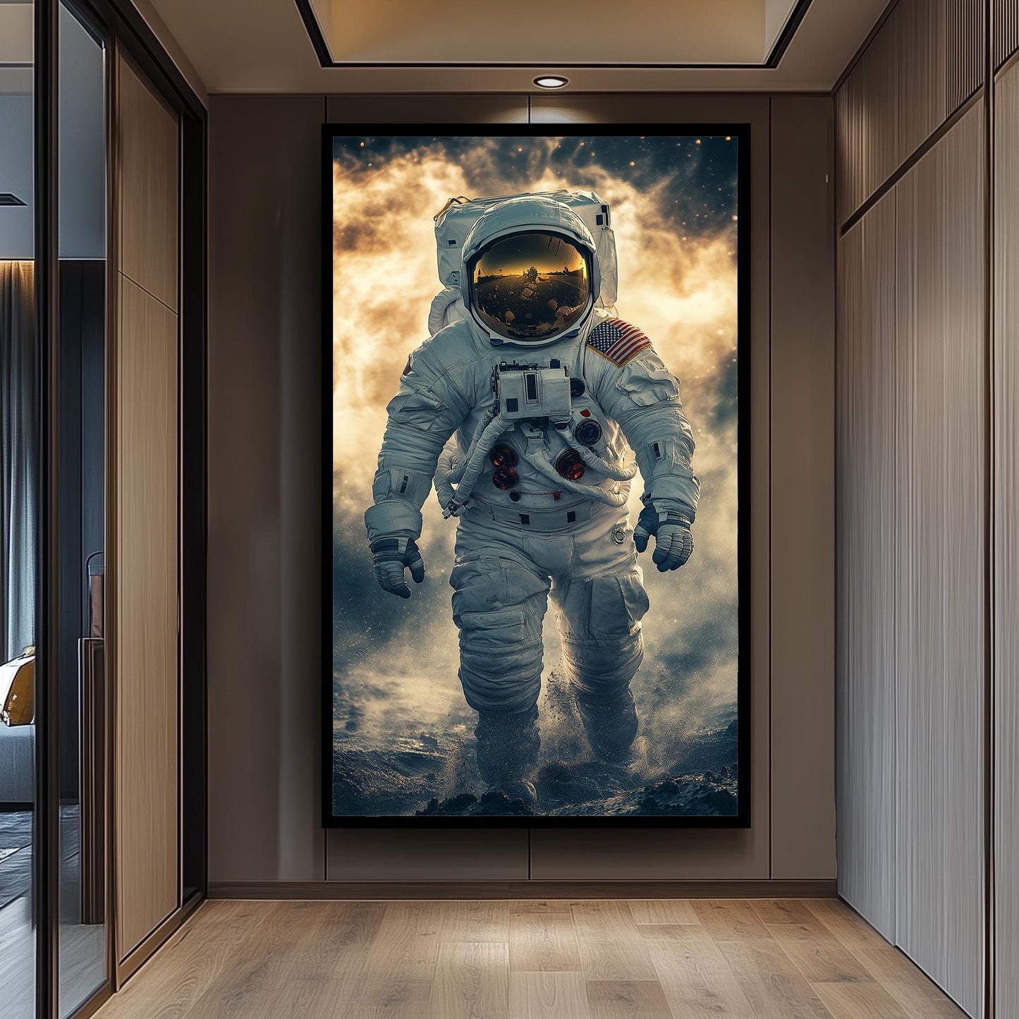 Epic Astronaut Moon Walk Wall Art in Realistic Sci-Fi Style with Space Dust and Helmet Reflection for Space Exploration Lovers Astronaut Art
