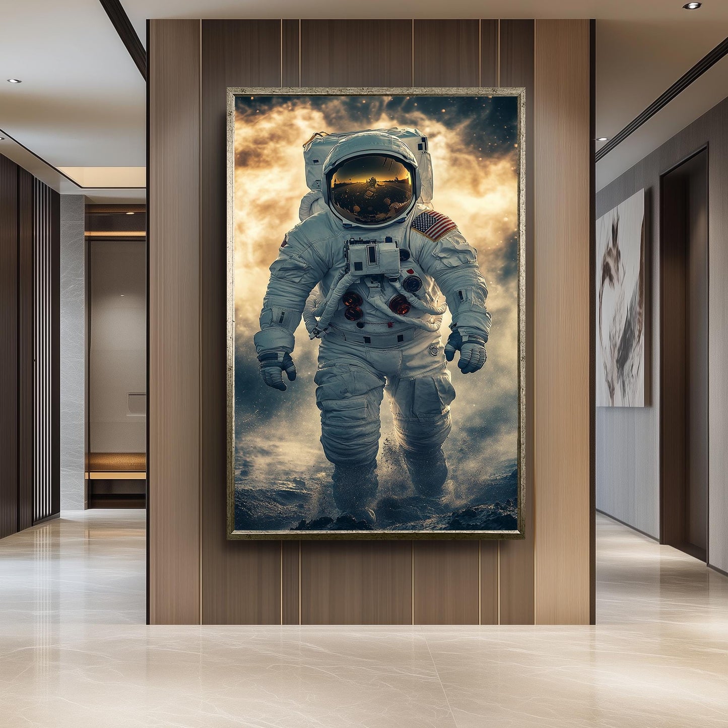Epic Astronaut Moon Walk Wall Art in Realistic Sci-Fi Style with Space Dust and Helmet Reflection for Space Exploration Lovers Astronaut Art