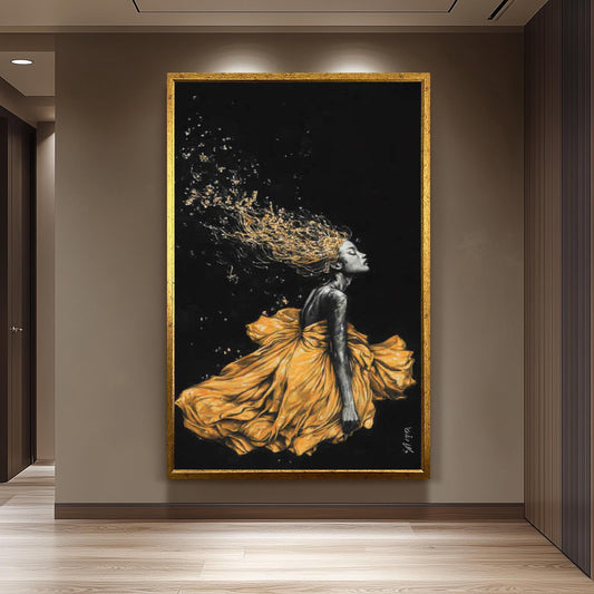Golden Woen Wall Art - Black and Gold Feminine Painting - Luxury Woman Canvas Print - Modern Abstract Fashion Artwork, Woman Home Decor