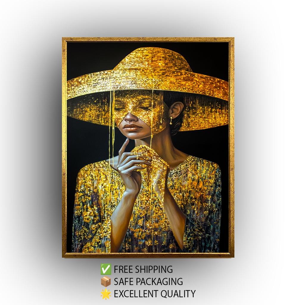 Golden Woman Wall Art, Luxury Black and Gold Painting, Female Portrait, Modern Glamour Canvas, Fashionable Wall Decor Gold Women art