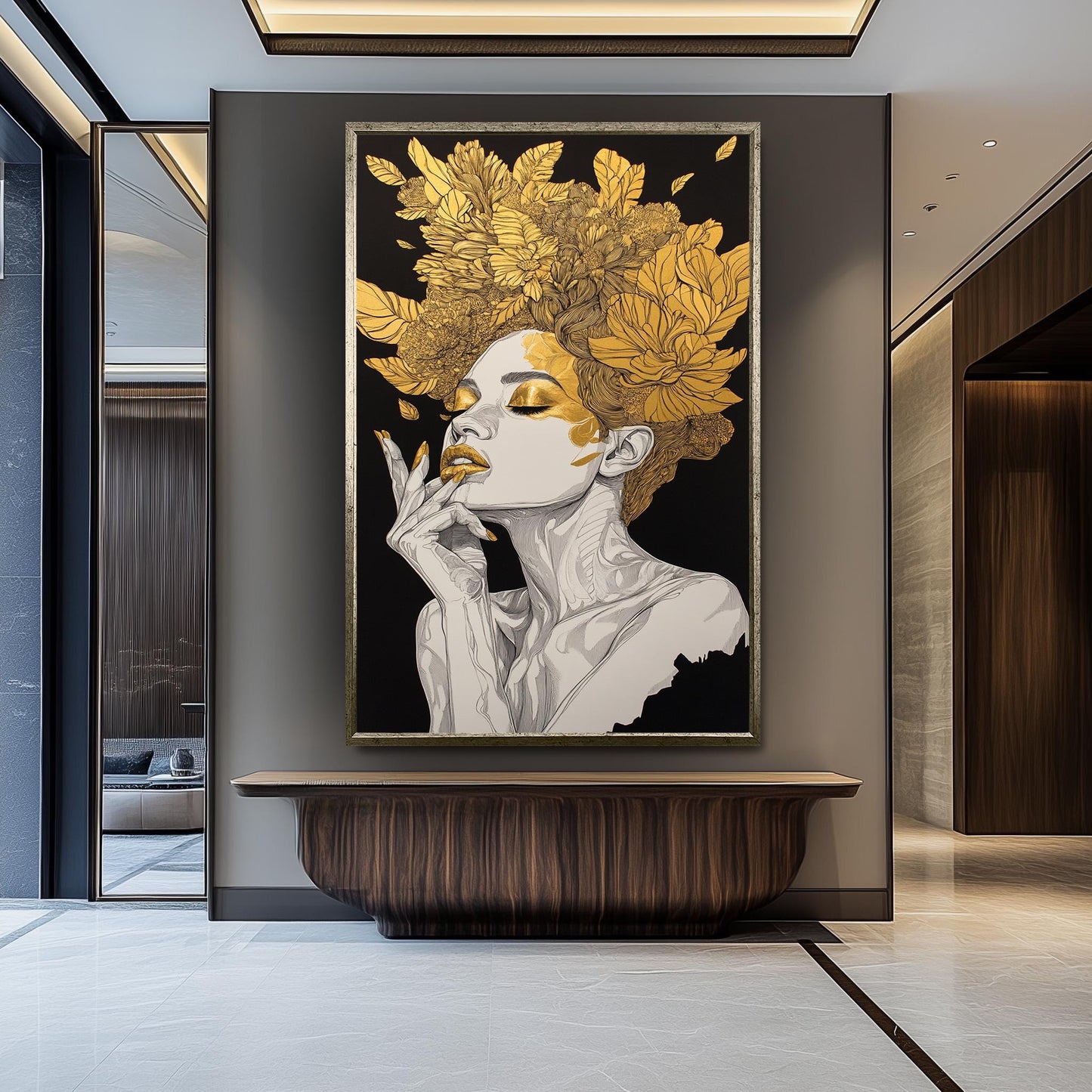Golden Floral Woman Wall Art, Black and Gold Feminine Portrait, Luxury Canvas Print, Modern Glam Home Decor, Gold Woman Decor, Woman  art