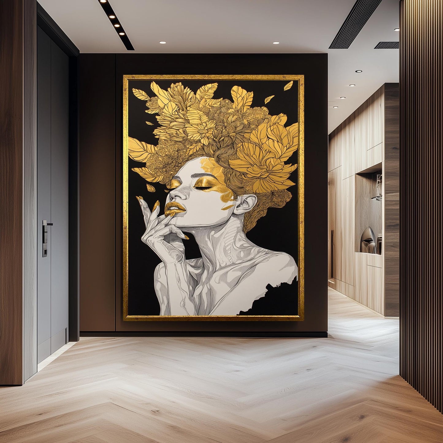Golden Floral Woman Wall Art, Black and Gold Feminine Portrait, Luxury Canvas Print, Modern Glam Home Decor, Gold Woman Decor, Woman  art