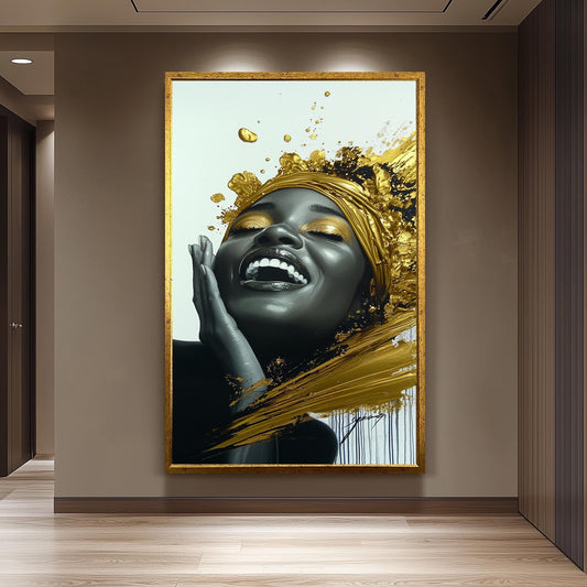 Golden Joyful Woman Wall Art, Black and Gold Abstract Portrait, Modern Luxury Canvas Print, Elegant Feminine Artwork, Home Decor Wall Art