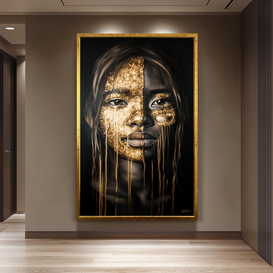 Golden Face Wall Art, Black and Gold Abstract Portrait, Modern Feminine Canvas Print, Luxury Statement Artwork, Contemporary Home Decor