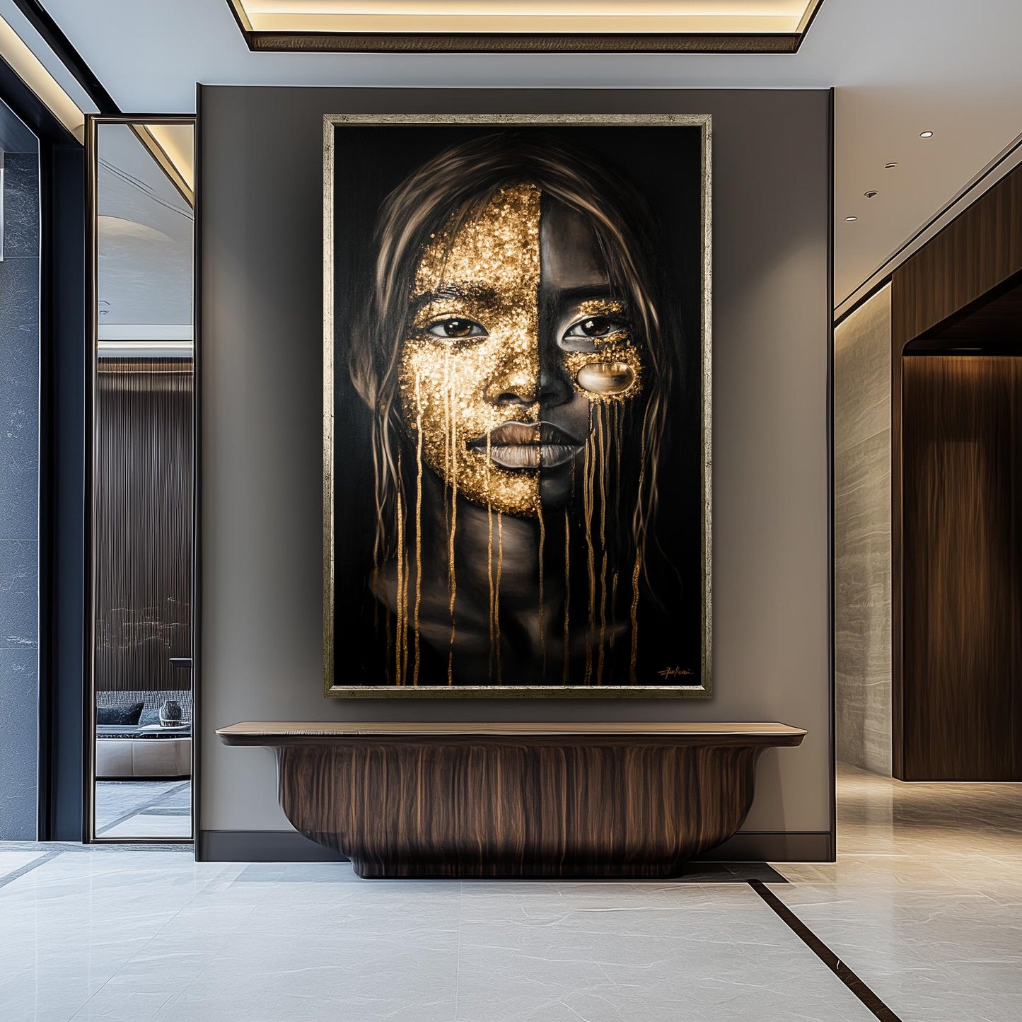 Golden Face Wall Art, Black and Gold Abstract Portrait, Modern Feminine Canvas Print, Luxury Statement Artwork, Contemporary Home Decor
