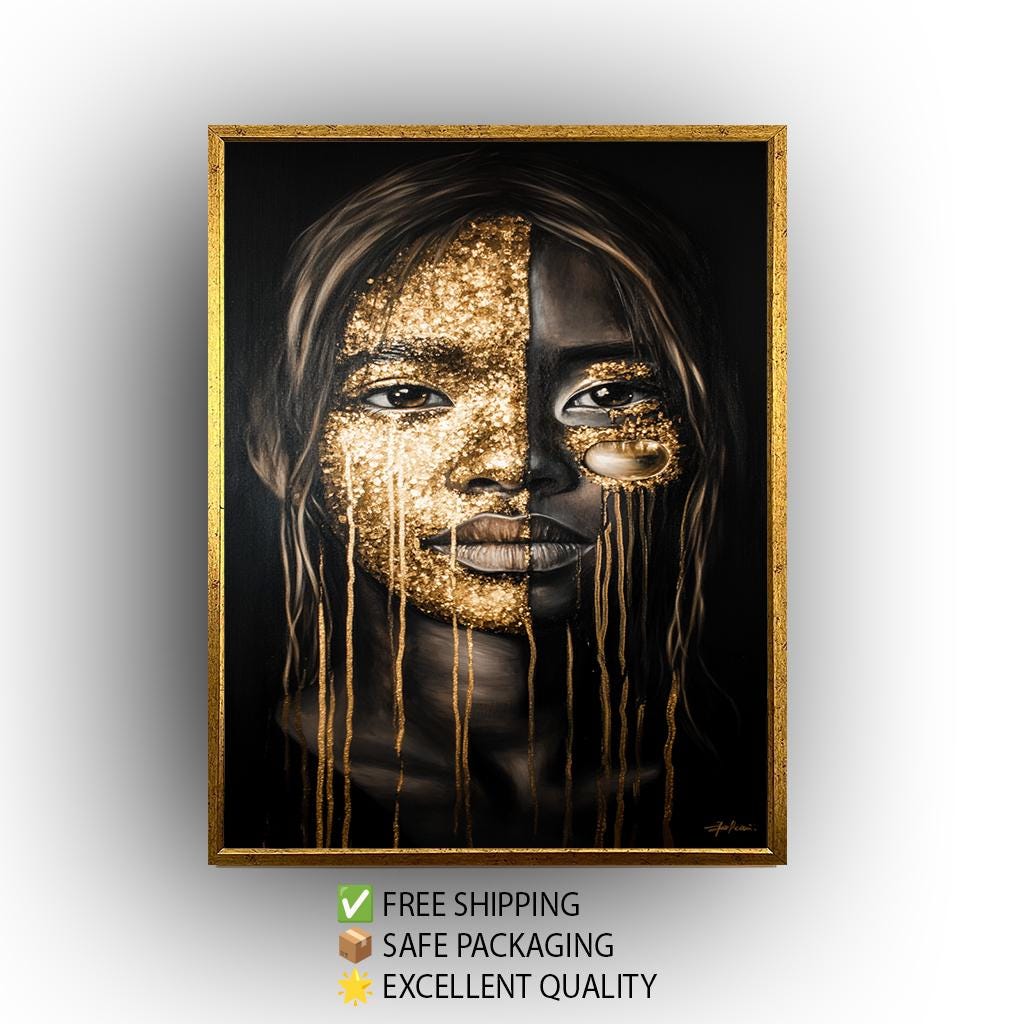 Golden Face Wall Art, Black and Gold Abstract Portrait, Modern Feminine Canvas Print, Luxury Statement Artwork, Contemporary Home Decor