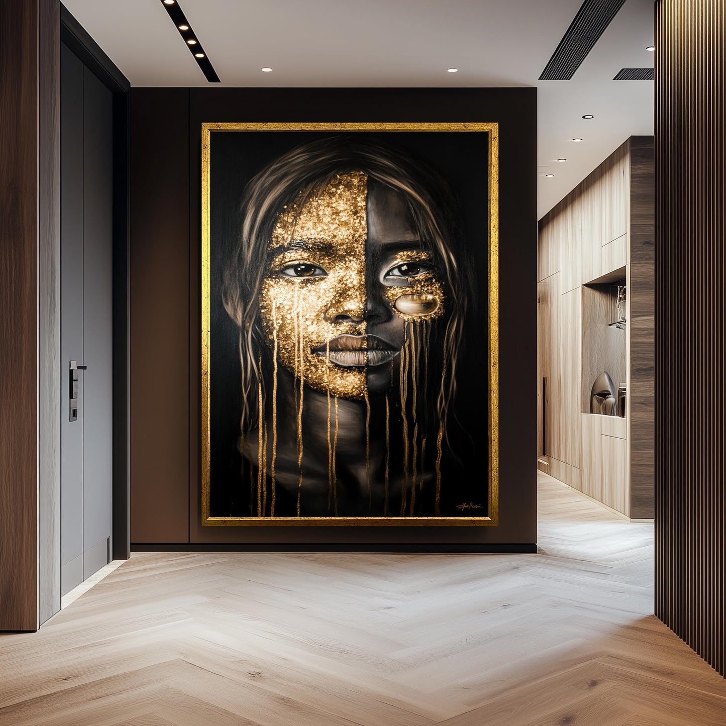 Golden Face Wall Art, Black and Gold Abstract Portrait, Modern Feminine Canvas Print, Luxury Statement Artwork, Contemporary Home Decor