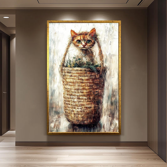 Rustic Cat in Basket Wall Art, Vintage Animal Painting, Whimsical Feline Canvas Print, Cozy Farmhouse Decor, Cute Kitten Artwork, Cat Art