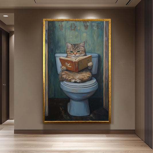 Funny Cat Bathroom Wall Art, Gray Tabby Reading Painting, Quirky Toilet Humor Canvas Print, Whimsical Feline Decor, Unique Restroom Artwork