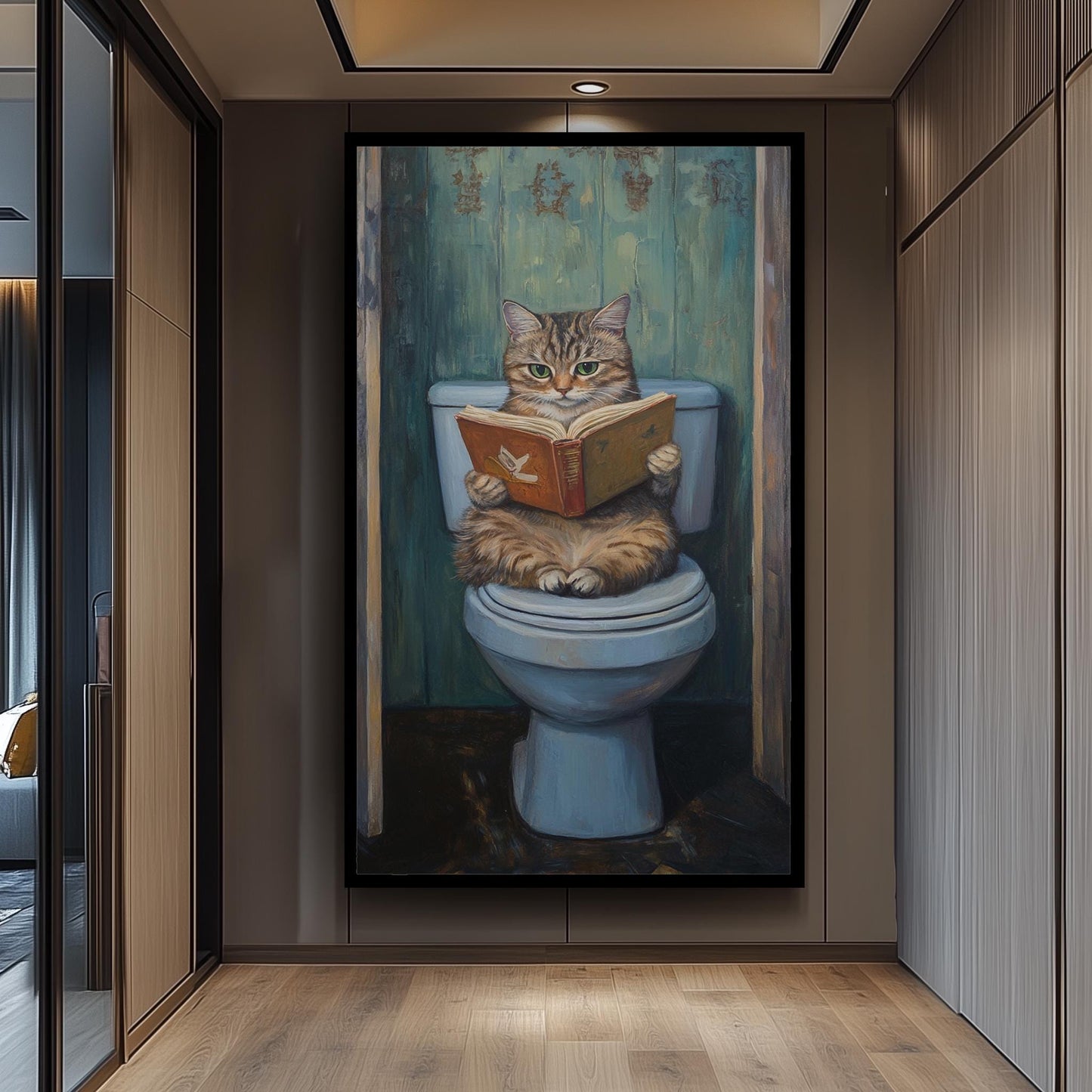 Funny Cat Bathroom Wall Art, Gray Tabby Reading Painting, Quirky Toilet Humor Canvas Print, Whimsical Feline Decor, Unique Restroom Artwork