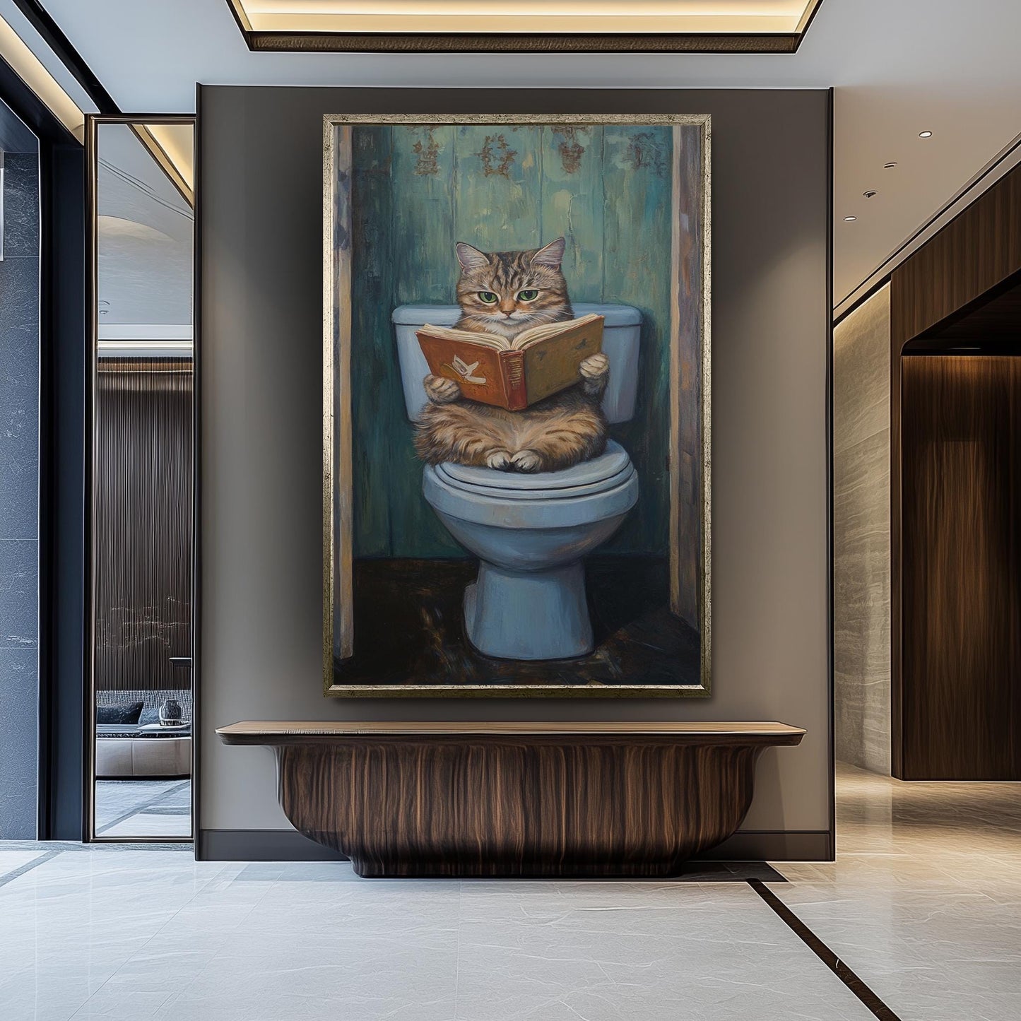 Funny Cat Bathroom Wall Art, Gray Tabby Reading Painting, Quirky Toilet Humor Canvas Print, Whimsical Feline Decor, Unique Restroom Artwork