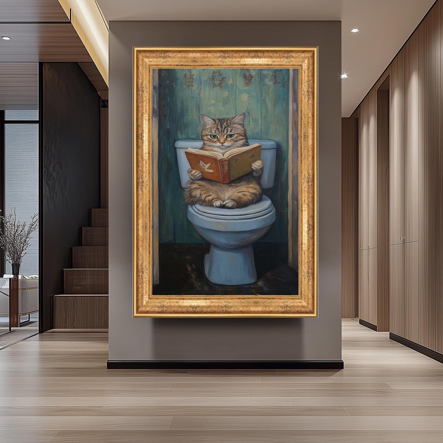 Funny Cat Bathroom Wall Art, Gray Tabby Reading Painting, Quirky Toilet Humor Canvas Print, Whimsical Feline Decor, Unique Restroom Artwork