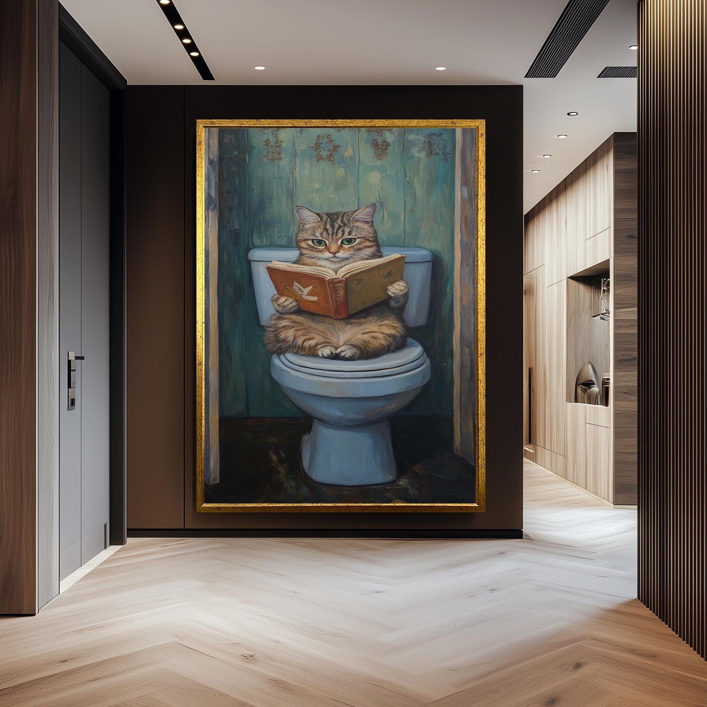 Funny Cat Bathroom Wall Art, Gray Tabby Reading Painting, Quirky Toilet Humor Canvas Print, Whimsical Feline Decor, Unique Restroom Artwork