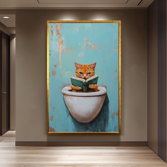 Funny Cat Bathroom Wall Art, Quirky Reading Cat Painting, Whimsical Toilet Humor Canvas Print, Playful Feline Decor, Unique Restroom Artwork