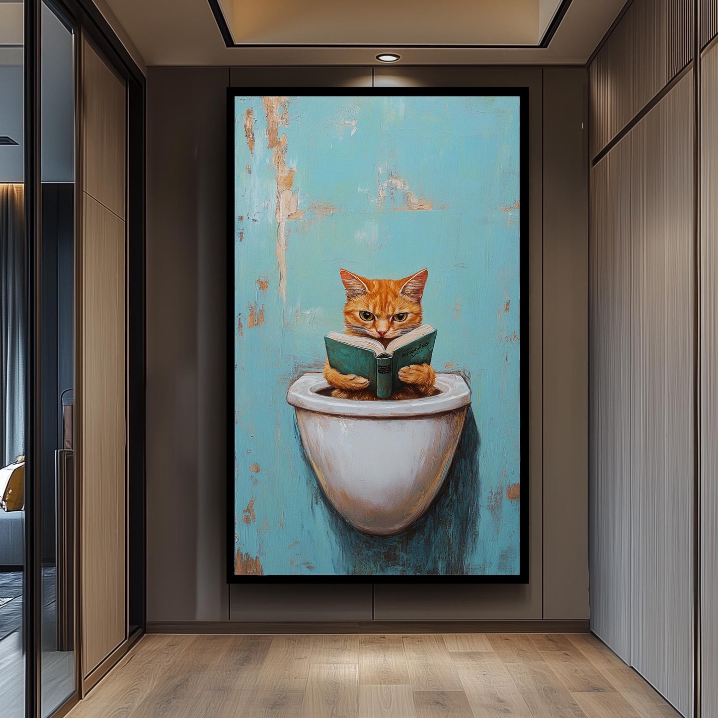 Funny Cat Bathroom Wall Art, Quirky Reading Cat Painting, Whimsical Toilet Humor Canvas Print, Playful Feline Decor, Unique Restroom Artwork