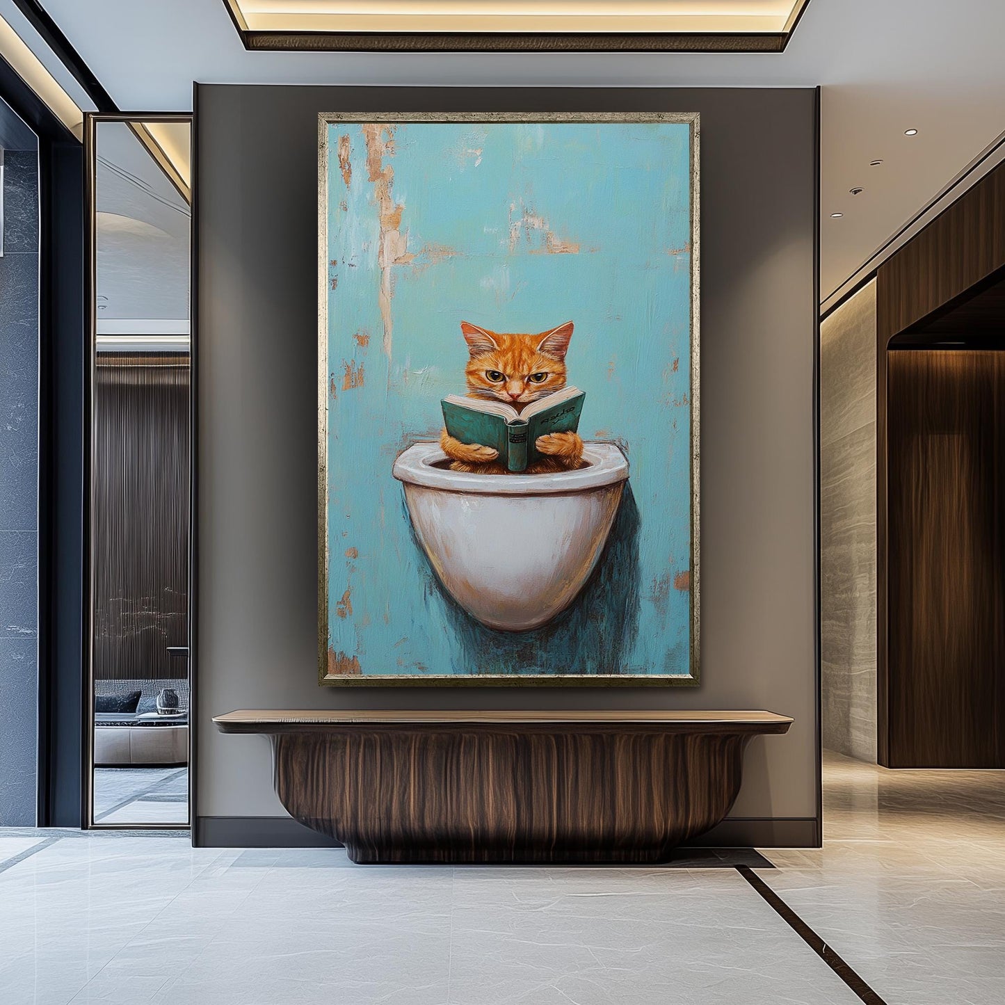 Funny Cat Bathroom Wall Art, Quirky Reading Cat Painting, Whimsical Toilet Humor Canvas Print, Playful Feline Decor, Unique Restroom Artwork