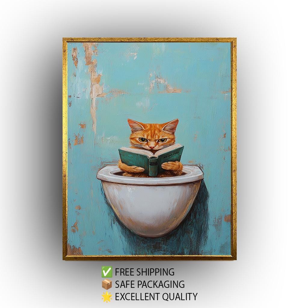 Funny Cat Bathroom Wall Art, Quirky Reading Cat Painting, Whimsical Toilet Humor Canvas Print, Playful Feline Decor, Unique Restroom Artwork