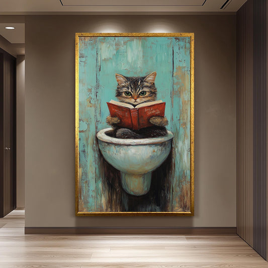 Funny Cat Bathroom Wall Art, Rustic Feline Reading Painting, Whimsical Toilet Humor Canvas Print, Vintage Toilet Decor,  Restroom Artwork