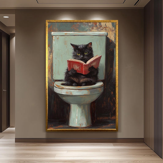 Funny Cat Bathroom Wall Art, Rustic Feline Reading Painting, Whimsical Toilet Humor Canvas Print, Vintage Toilet Decor,  Restroom Artwork