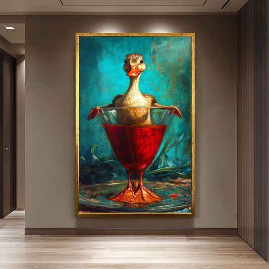 Surreal Duck Wall Art, Whimsical Animal Oil Painting, Quirky Bird in Glass Canvas Print, Funny Farmhouse Decor, Unique Vintage Artwork
