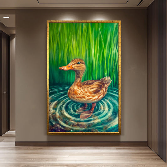 Serene Duck Wall Art, Realistic Nature Oil Painting, Peaceful Pond Bird Canvas Print, Whimsical Wildlife Artwork, Rustic Farmhouse HomeDecor
