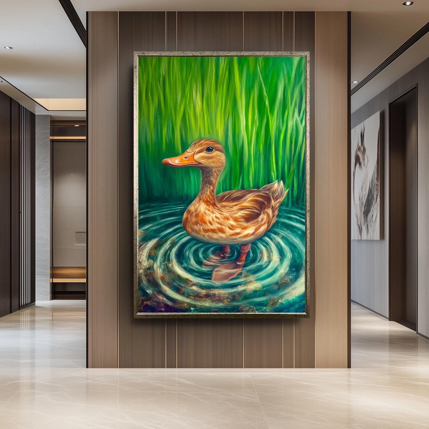 Serene Duck Wall Art, Realistic Nature Oil Painting, Peaceful Pond Bird Canvas Print, Whimsical Wildlife Artwork, Rustic Farmhouse HomeDecor