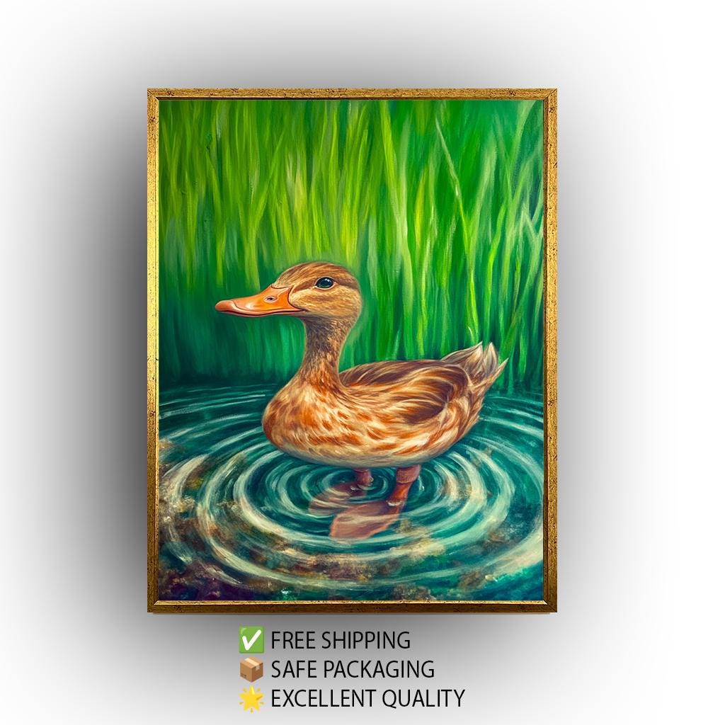 Serene Duck Wall Art, Realistic Nature Oil Painting, Peaceful Pond Bird Canvas Print, Whimsical Wildlife Artwork, Rustic Farmhouse HomeDecor