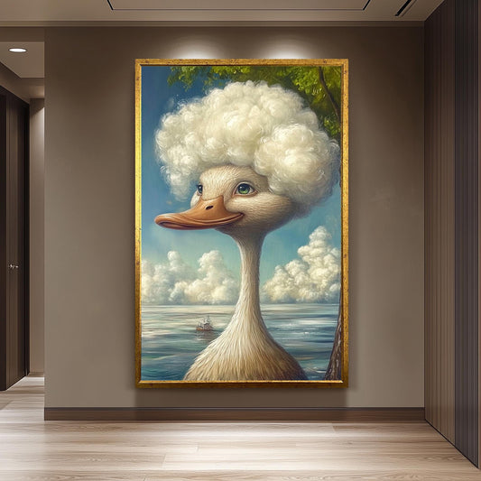 Whimsical Duck Portrait Oil Painting, Surreal Animal Wall Art, Funny Cloud Hair Duck Print, Dreamy Nature Artwork, Cottagecore Home Decor