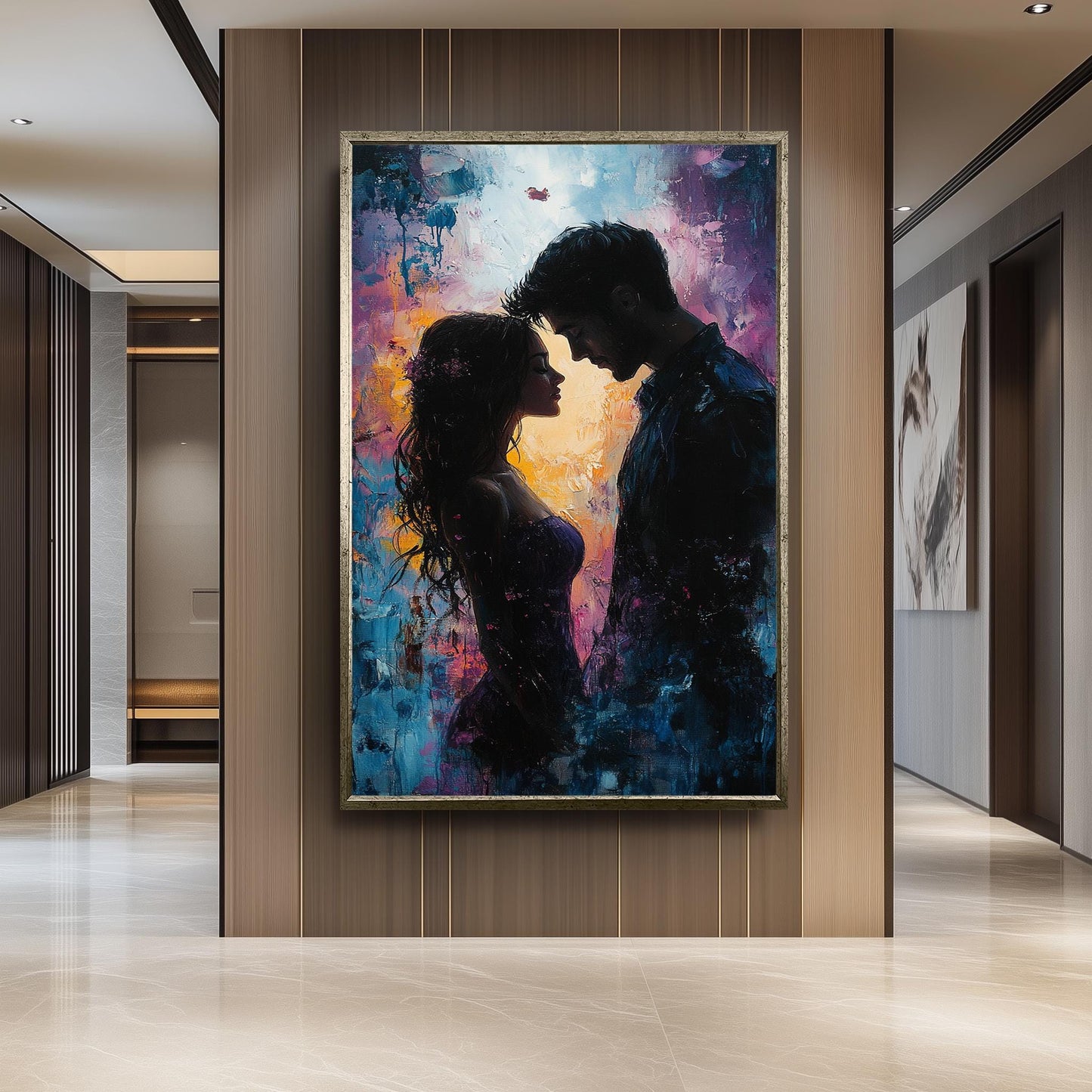Romantic Couple Painting, Intimate Lovers Wall Art, Passionate Love Silhouette Print, Abstract Relationship Artwork, Modern Bedroom Decor