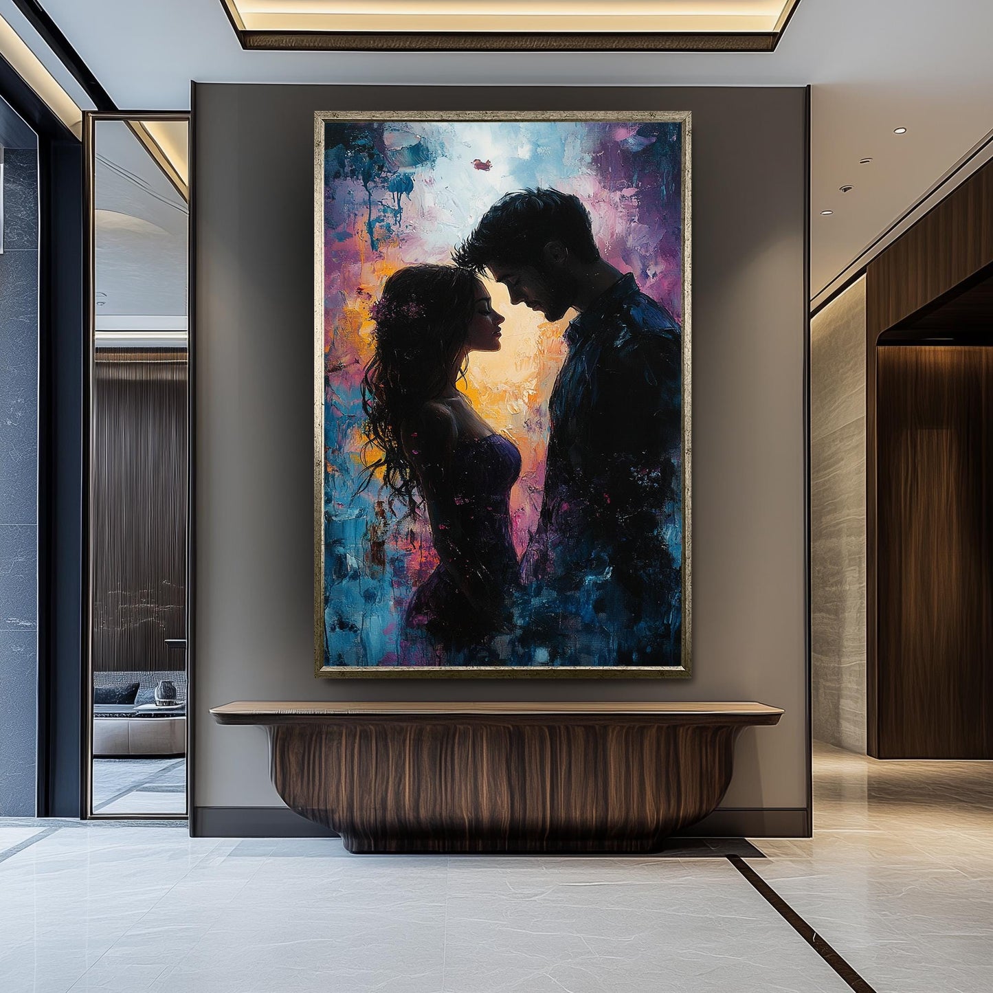 Romantic Couple Painting, Intimate Lovers Wall Art, Passionate Love Silhouette Print, Abstract Relationship Artwork, Modern Bedroom Decor