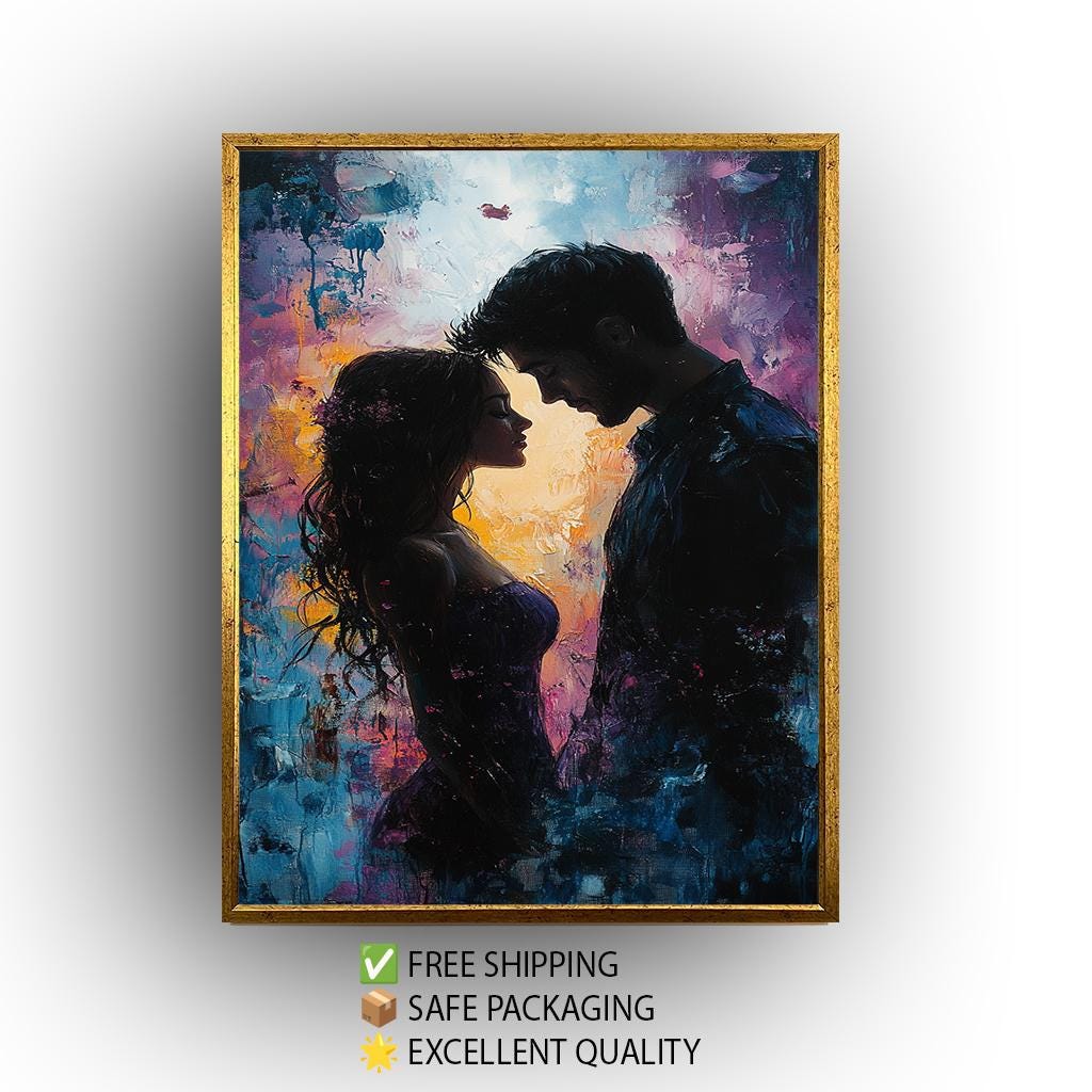 Romantic Couple Painting, Intimate Lovers Wall Art, Passionate Love Silhouette Print, Abstract Relationship Artwork, Modern Bedroom Decor