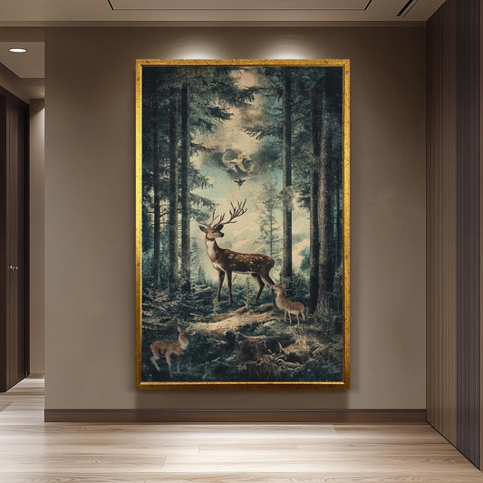 Enchanted Forest Deer Artwork, Mystical Wildlife Wall Art, Vintage Nature Scene Print, Majestic Stag and Fawns, Rustic Woodland Decor