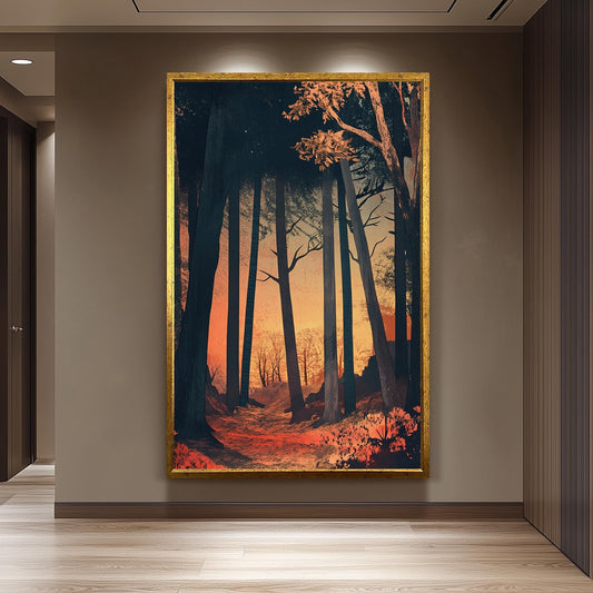 Mystical Forest Sunset Artwork, Vintage Woodland Wall Art, Enchanted Nature Scene, Warm Autumn Landscape Print, Rustic Wilderness Decor