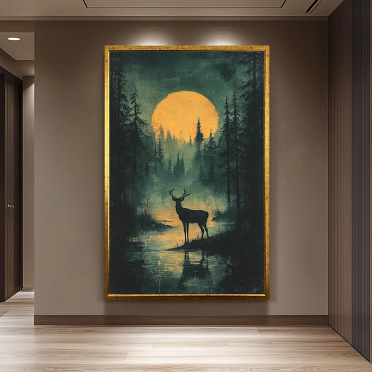 Mystical Deer in Moonlit Forest, Vintage Woodland Silhouette Art, Enchanted Nature Scene, Majestic Stag at Night, Rustic Wildlife Wall Decor