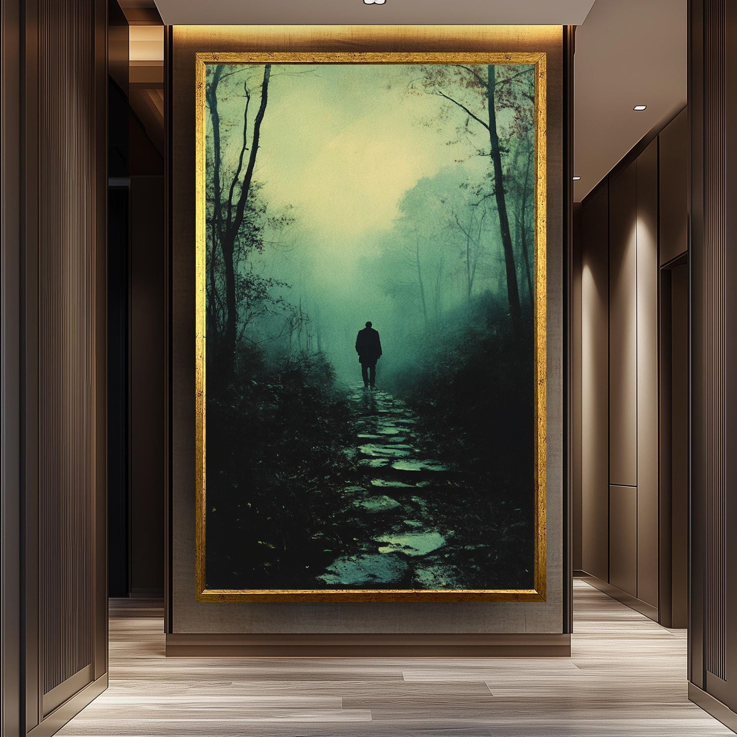 Mysterious Figure in Foggy Forest, Moody Atmospheric Artwork, Dark Aesthetic Wall Art, Solitary Man Walking, Vintage Noir Landscape Print