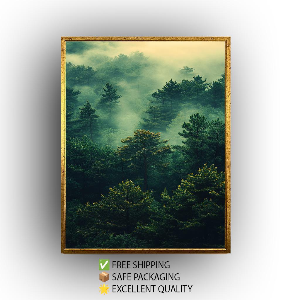 Mystical Foggy Forest Print, Enchanted Nature Wall Art, Misty Woodland Landscape, Serene Greenery Decor, Tranquil Wilderness Photography