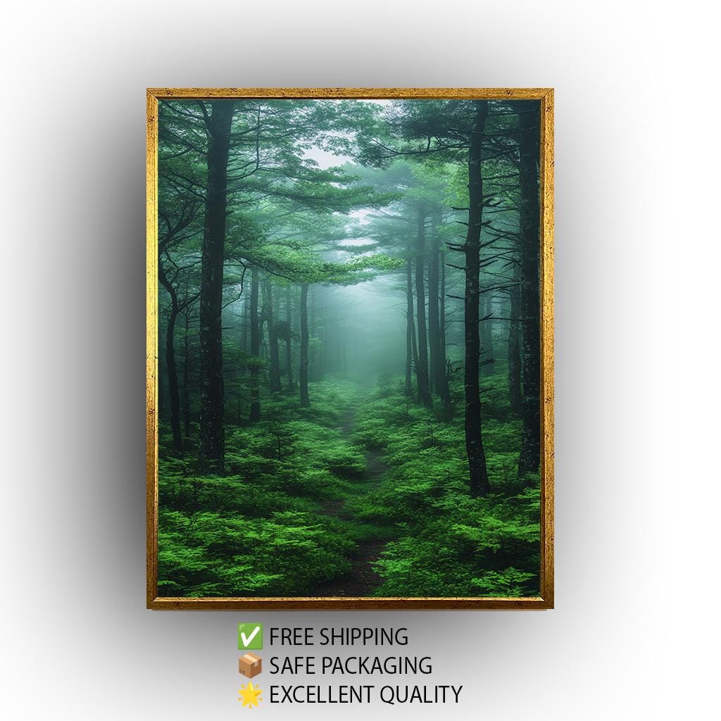 Mystical Foggy Forest Path, Enchanted Green Woodland Art, Tranquil Nature Landscape Print, Serene Misty Trees, Peaceful Wilderness Decor