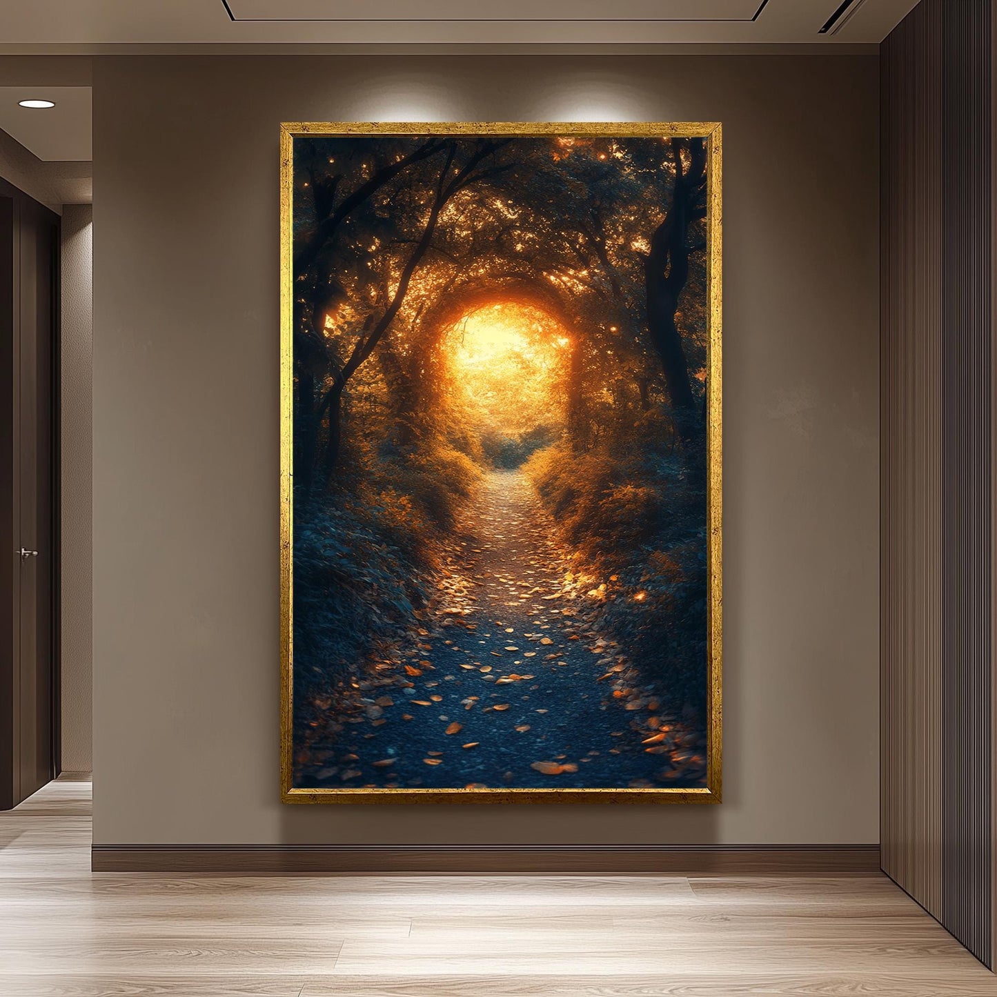 Enchanted Forest Pathway, Mystical Golden Light Artwork, Dreamy Woodland Scene, Fantasy Nature Wall Art, Magical Autumn Glow Print Nature