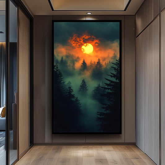 Mystical Sunset Over Foggy Forest, Dramatic Nature Wall Art, Enchanted Woodland Landscape, Moody Atmospheric Print, Dark Fantasy Decor
