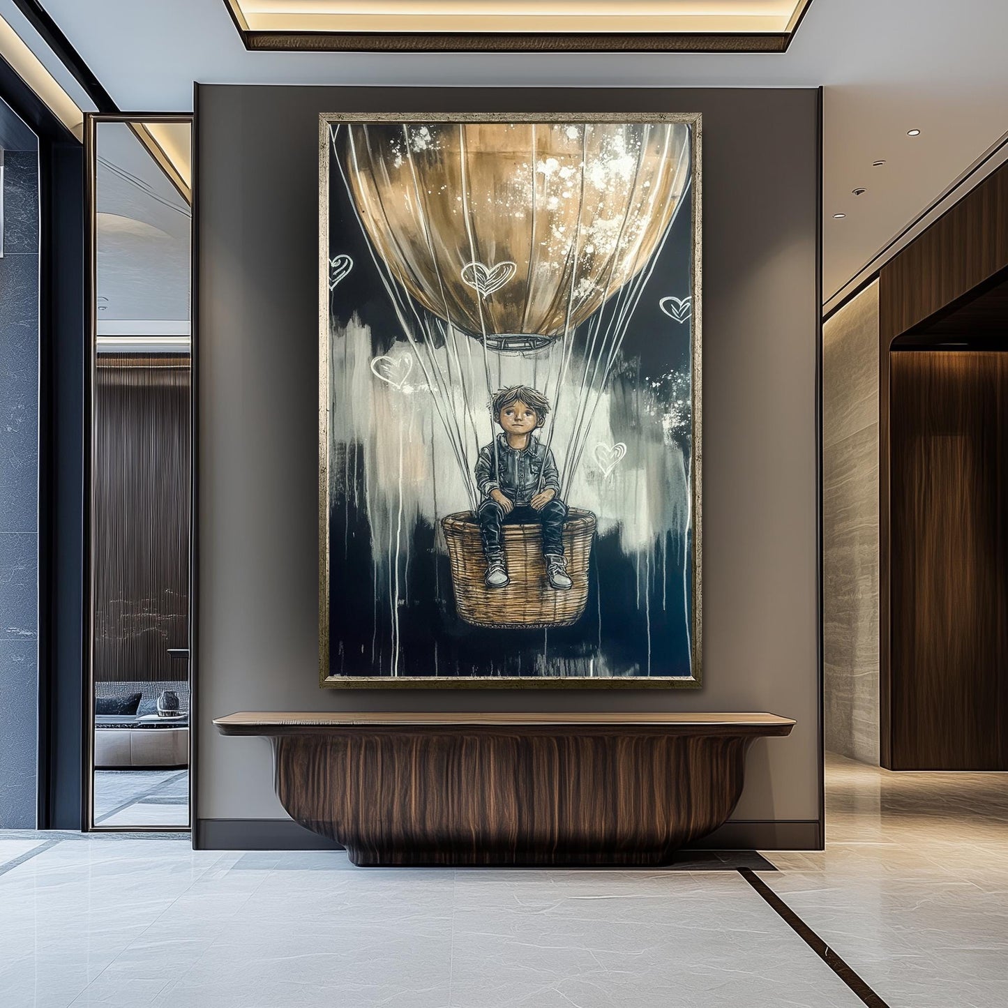 Graffiti-Style Hot Air Balloon Art, Dreamy Adventure Wall Decor , Boy in Balloon Painting, Black and Gold Fantasy Artwork, Urban Street Art