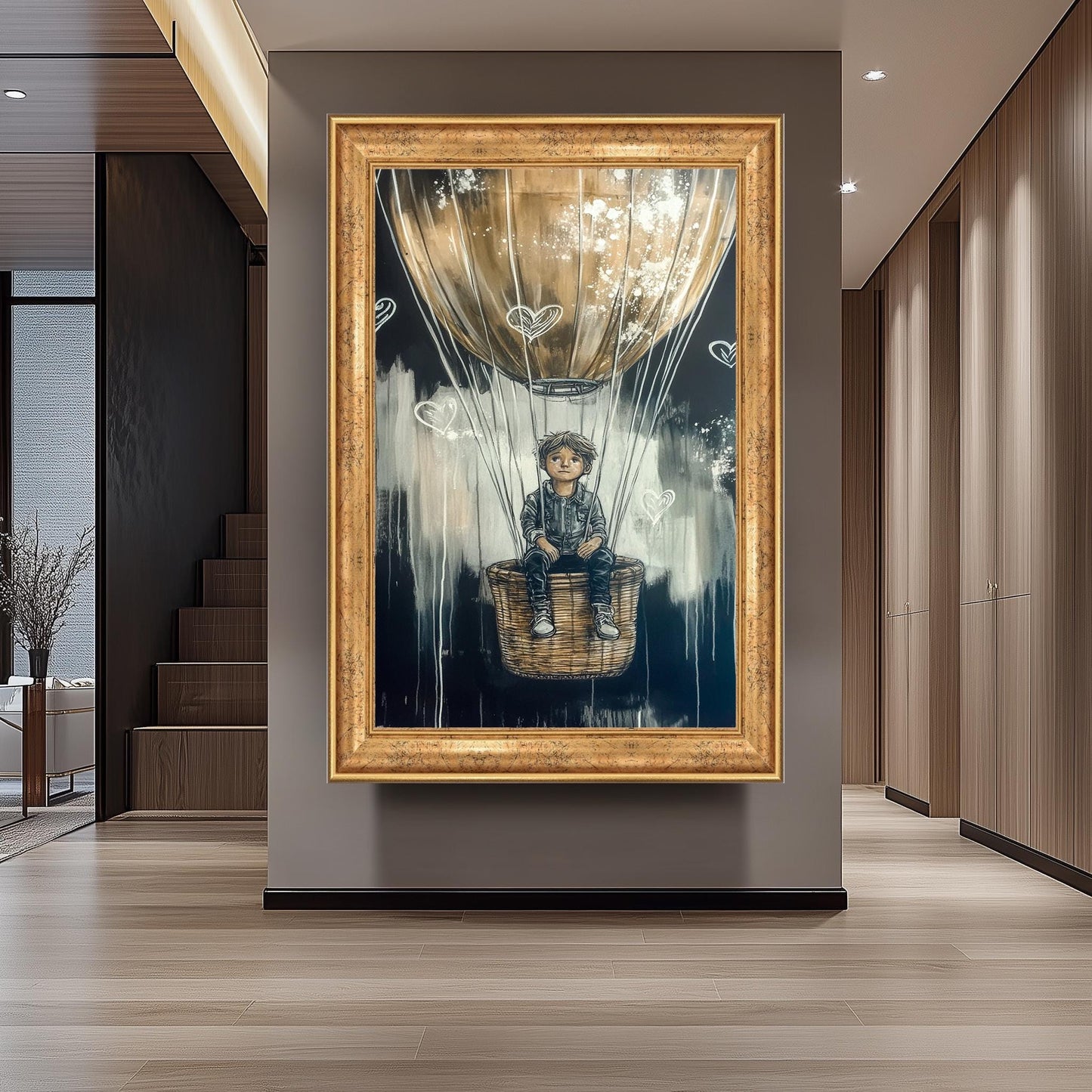 Graffiti-Style Hot Air Balloon Art, Dreamy Adventure Wall Decor , Boy in Balloon Painting, Black and Gold Fantasy Artwork, Urban Street Art