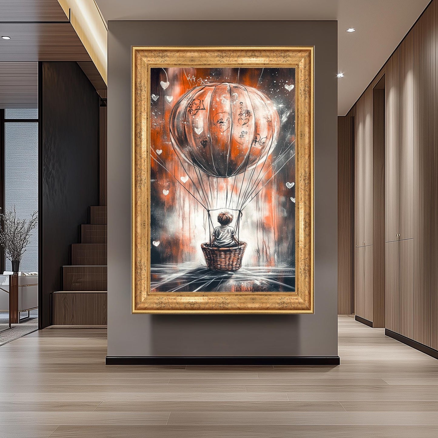 Graffiti-Style Hot Air Balloon Art, Whimsical Child Adventure Painting, Dreamy Urban Street Art, Surreal Fantasy Wall Decor, Modern Decor