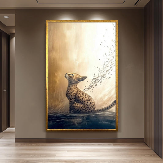 Elegant Cheetah Artwork, Golden Animal Wall Art, Dreamy Wildlife Painting, Abstract Big Cat Decor, Majestic Nature-Inspired Print, Wall Art